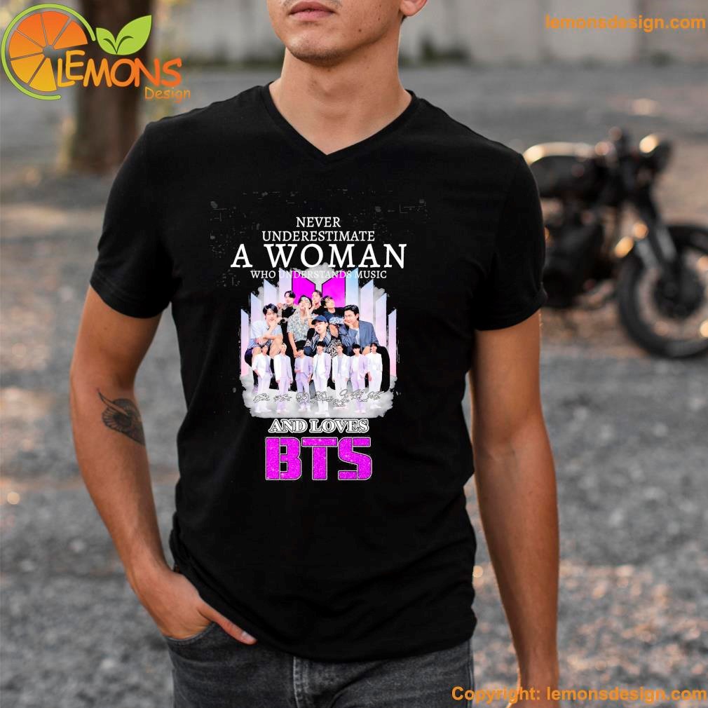 Signature and never underestimate a woman who understands music and loves bts shirt v-neck tee shirt.jpg
