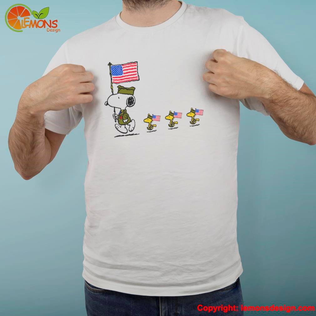 Snoopy in military uniform holding an American flag shirt
