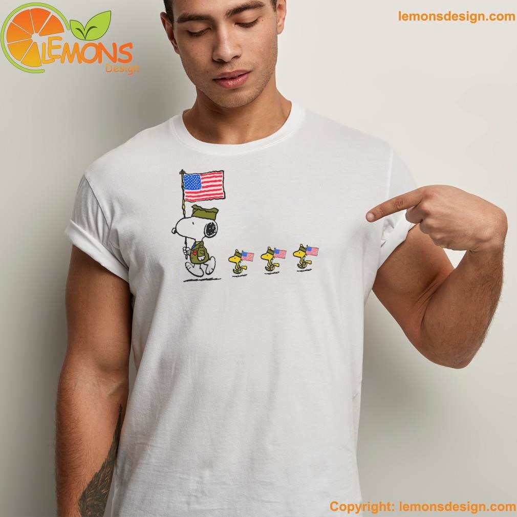 Snoopy in military uniform holding an American flag shirt unisex men tee shirt.jpg
