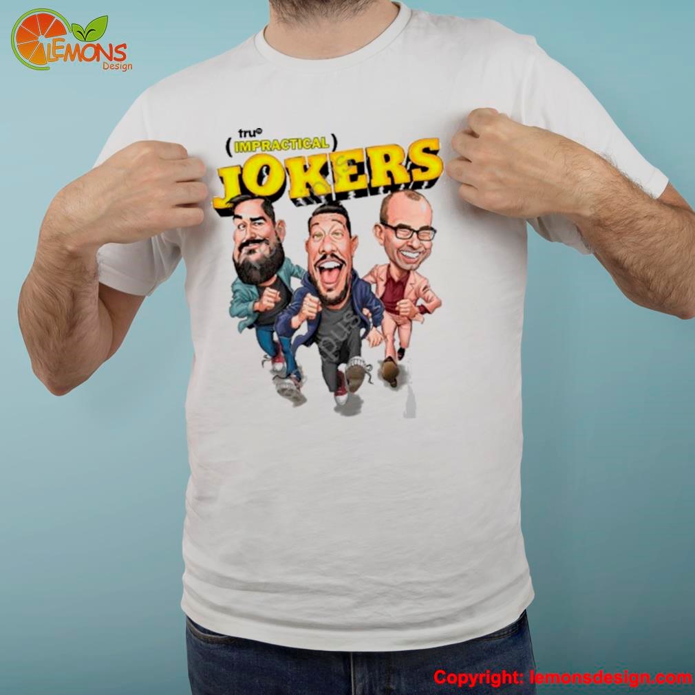 Three men impractical jokers caricature logo shirt